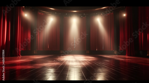 Bright red satin curtain on stage with spotlight for fancy show, theater, exhibition event