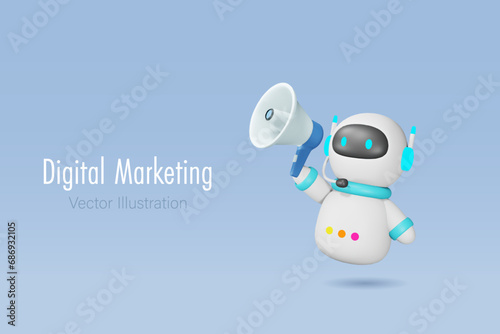 AI chat bot holding megaphone. Artificial intelligence robot technology in digital marketing and social media concept. 3D cartoon character. Vector.