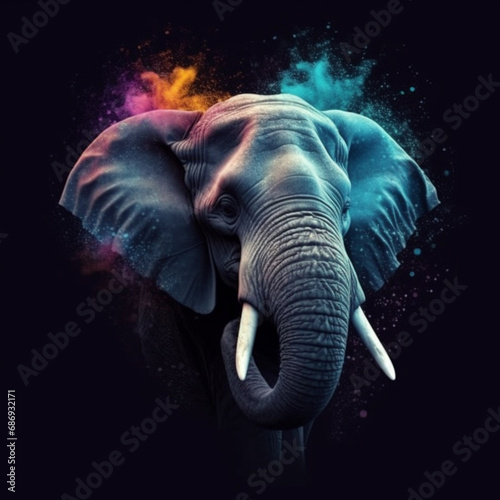 Artistic illustration of a bright colorful elephant in pop art style for t-shirt printing.