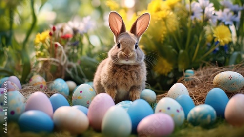  sweet Easter bunny wearing a bowtie and surrounded by pastel eggs in a charming blue garden  evoking the magic of Easter gardens and egg hunts
