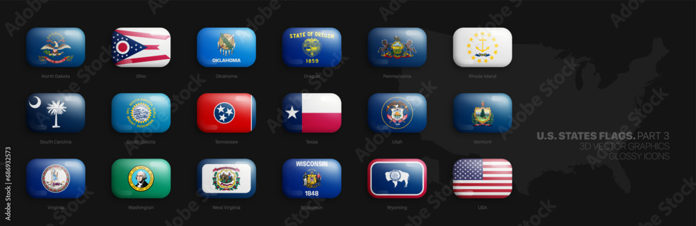 All Official Flags of US States 3D Vector Rounded Glossy Icons Set ...