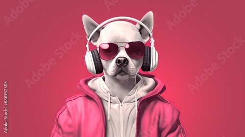 Playful Dog Dancing in Colorful Clothes and Sunglasses © artbot