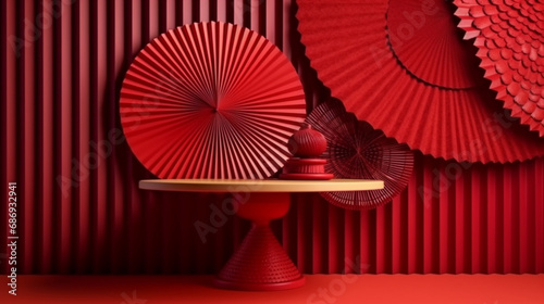 Red fan on table against red wall background  luxury Chinese new year