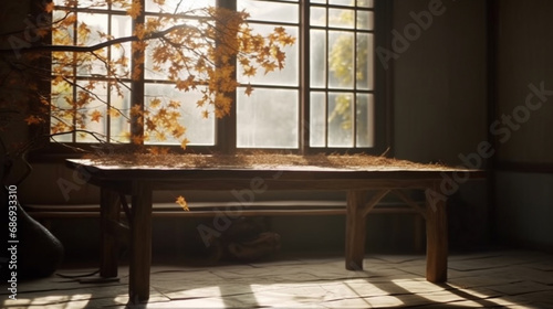 Wooden table with dry tree branches in sunlight from window 