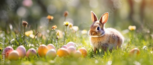 an Easter bunny happily cracking open colorful eggs in a vibrant green meadow, illustrating the joy of discovering hidden treasures on Easter, sunny