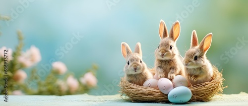 an Easter rabbit family sharing a special moment with pastel eggs against a pastel blue setting, capturing the heartwarming spirit of Easter traditions photo