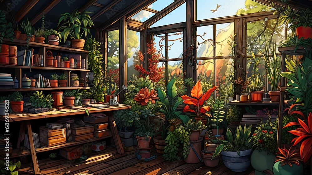 Urban gardening illustration in activities and bold, lively colors.