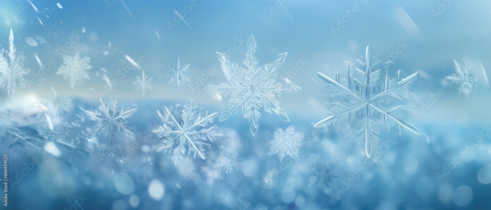 Crystal snowflakes on frosty winter background with soft focus. Seasonal weather patterns.