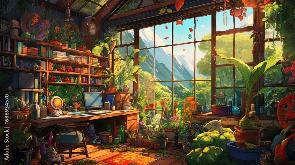 Fototapeta premium Urban gardening illustration in activities and bold, lively colors.