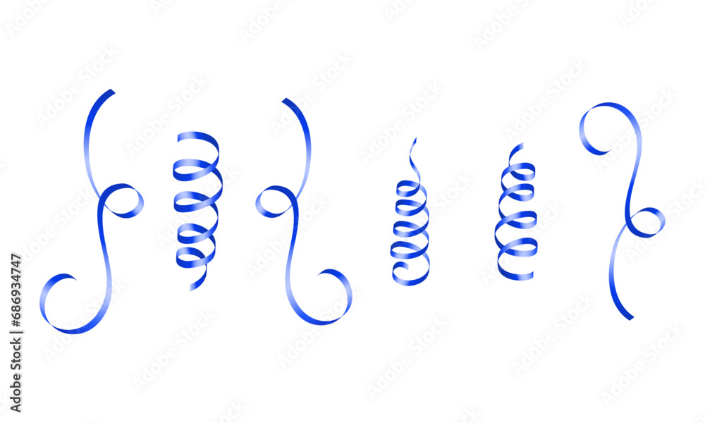 Vector blue curled ribbons serpentine realistic set Vector blue curled ribbons serpentine realistic set