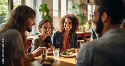 happy group of friend together in lunch room, contemporary diy, friends gathering,restaurant party