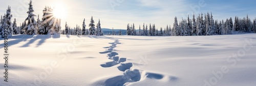 A Serene Winter's Tale: The Untouched Blanket of Snow Gently Compressed by the Delicate Pattern of Snowshoe Tracks