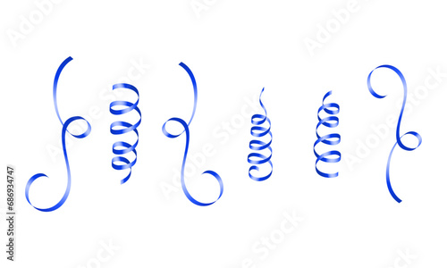Vector blue curled ribbons serpentine realistic set