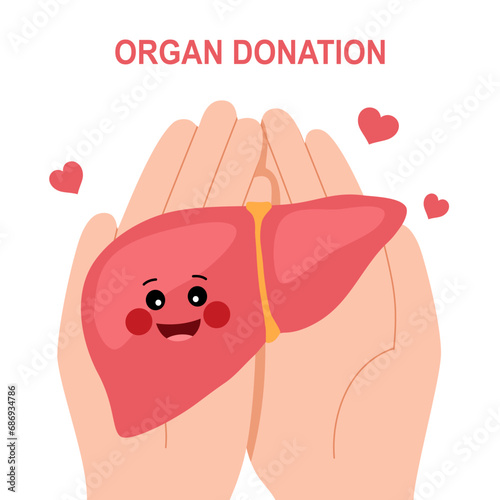 World organ donation day with human liver for transplantation, saving lives in flat design on white background.
