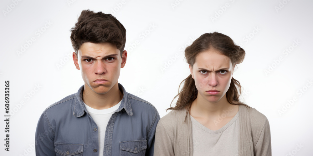 Frustrated adolescents, with tense expressions and furrowed brows, carry the weight of academic stress in their eyes and family expectations in tight mouths. Frustrated adolescents, with tense expressions and furrowed brows, carry the weight of academic stress in their eyes and family expectations in tight mouths.