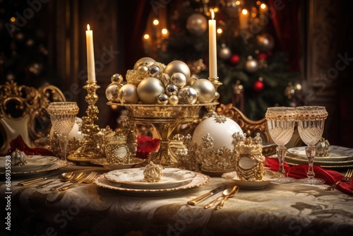 Elegant Christmas table setting with golden decorations and candles. Holiday dining.