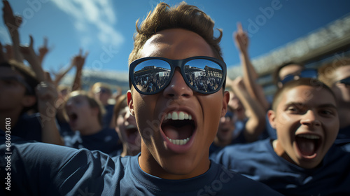 Young man - college football game - fan - crowd - blue skies - stands - stadium - cheering - celebrating  © Jeff