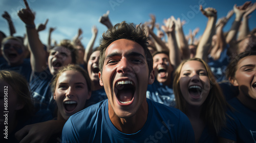 Young man - college football game - fan - crowd - blue skies - stands - stadium - cheering - celebrating 