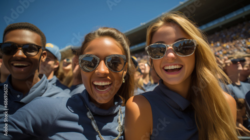 Fans at a college football game - blue school colors - cheering excitement - stands - stadium - crowd  © Jeff