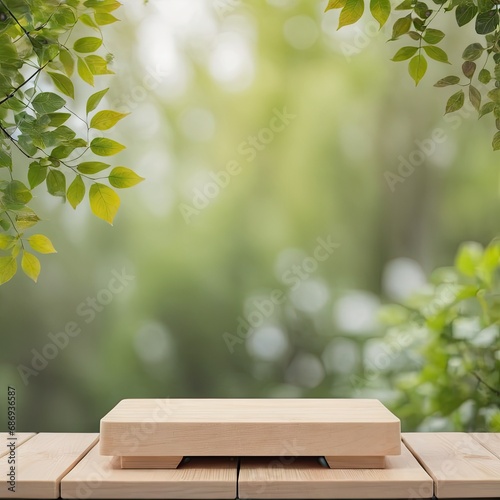 mockup wooden podium on nature background