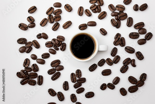 coffee beans on white background with a white cup