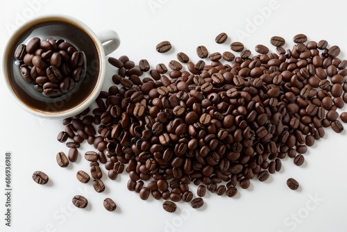 coffee beans on white background with a white cup