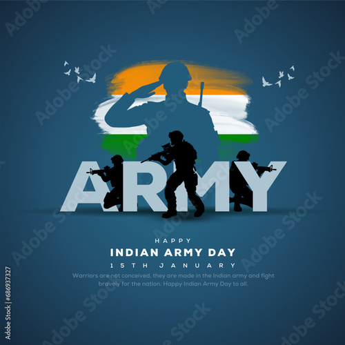 Vector illustration of Indian army day. Soldiers on fighter tank with tricolor flag and saluting celebrating victory. photo