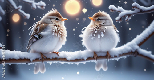 white birds on a branch in winter