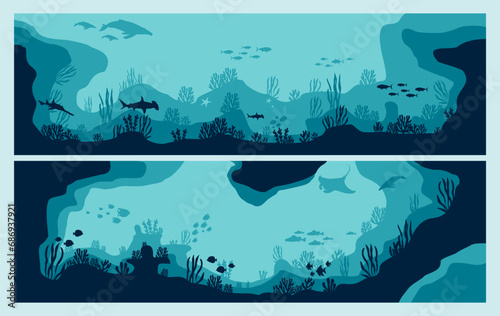 underwater silhouette background coral reef sea fish and marine algae cartoon scene