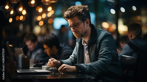 A focused man works on his laptop in a bustling café environment during the evening, suggesting the growing trend of remote work. co-working spaces, productivity apps, or tech gadgets, mobile worker