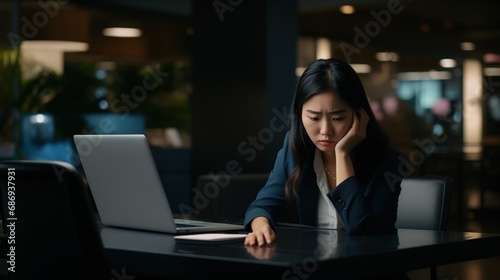 A businesswoman stressed while working on her laptop at a dimly lit table, her expression reflecting concern or disappointment, professional coaching services, mental health apps, workplace stress © DigitalArt