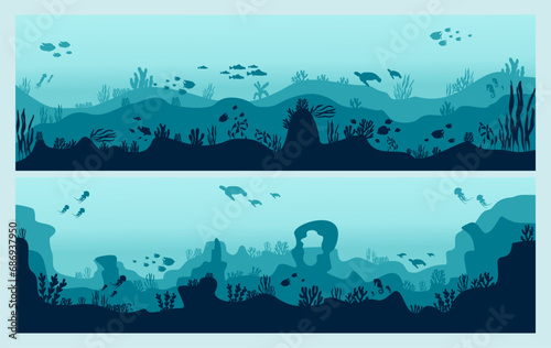 underwater silhouette background coral reef sea fish and marine algae cartoon scene photo