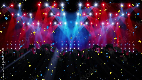 Animation of disco lights and people dancing over confetti falling photo