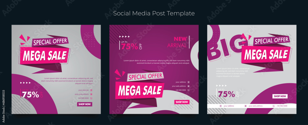 Social media template with simple ribbon in purple white background for product advertising design