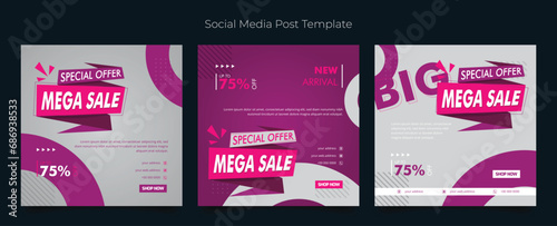 Social media template with simple ribbon in purple white background for product advertising design
