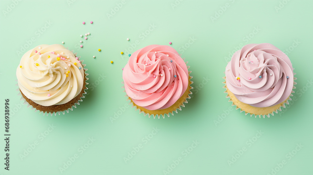 Colorful cupcakes on a pastel green background. Flat lay Colorful cupcakes on a pastel green background. Flat lay