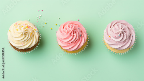 Colorful cupcakes on a pastel green background. Flat lay photo