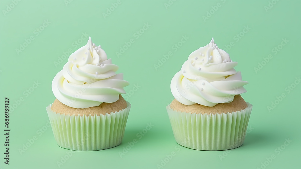 Tasty cupcakes on a pastel green background