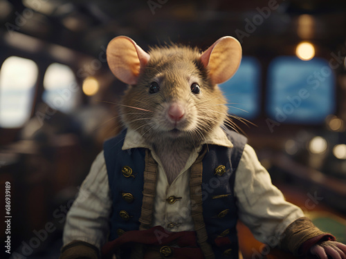 Un raton vestido de capitan marino de un  barco photo