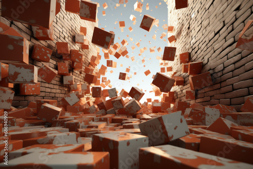 Orange-white 3D cubes inside the wall crumble now into space photo