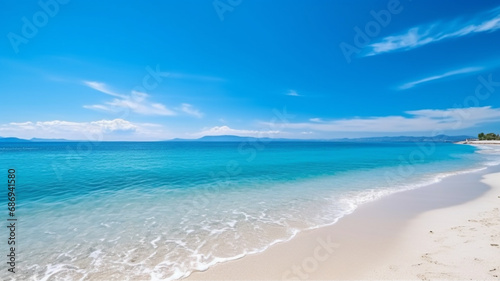 Beautiful sandy beach with calm ocean waves on a sunny day