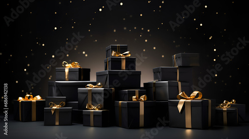 Black gift boxes with golden bows on a black background.Black Friday elegant gift set of graphite boxes with golden ribbons and bows against a black starry wall, suitable also for Christmas  photo