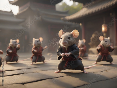 Ratones practicando artes marciales en un templo photo
