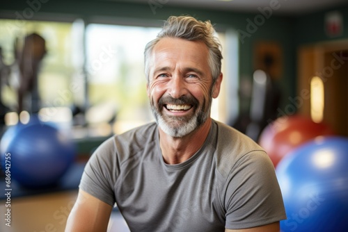 Cheerful Middle-Aged Man Enjoying a Break at the Gym 