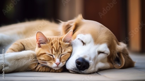 Kitten and puppy. Cat and dog sleeping together.