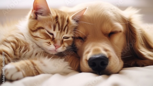 Kitten and puppy. Cat and dog sleeping together.