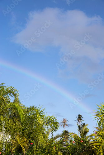 A colorful rainbow over the ocean waves at sunset in Tahiti 