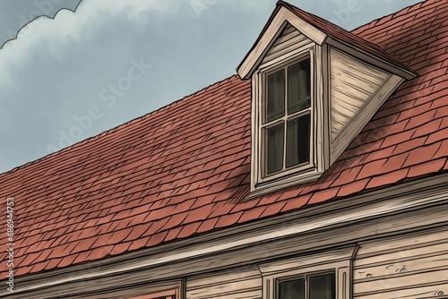 closeup showing texture of flared eave of a dutch colonial, magazine style illustration