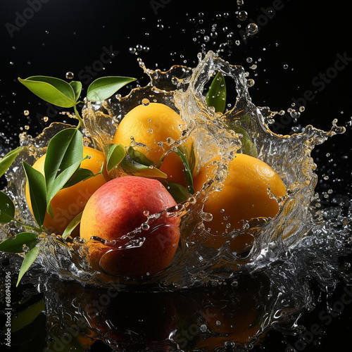 mango fruit with water splash on black background