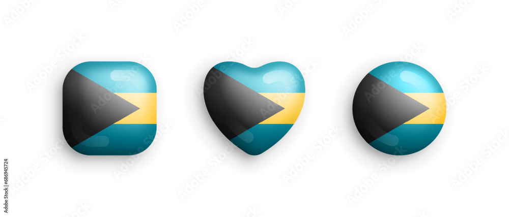 Bahamas Official National Flag 3D Vector Glossy Icons In Rounded Square, Heart And Circle Shapes Isolated On White. Bahamian Sign And Symbols Graphic Design Elements Volumetric Buttons Collection Bahamas Official National Flag 3D Vector Glossy Icons In Rounded Square, Heart And Circle Shapes Isolated On White. Bahamian Sign And Symbols Graphic Design Elements Volumetric Buttons Collection